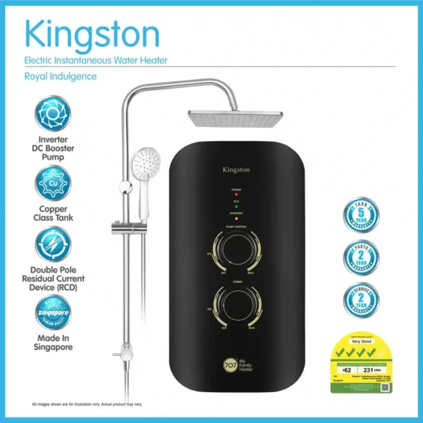 707 KINGSTON INSTANT WATER HEATER WITH RAIN SHOWER (DC PUMP) – BLACK